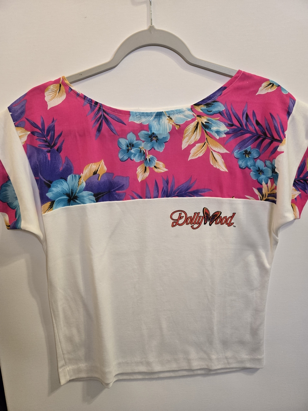 Dollywood White Crop Top with Pink Floral Yoke